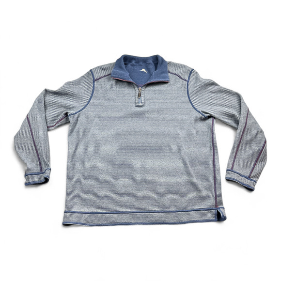Tommy Bahama Sweater Adult LARGE Blue Gray Reversible Pullover Striped Solid - Picture 1 of 12